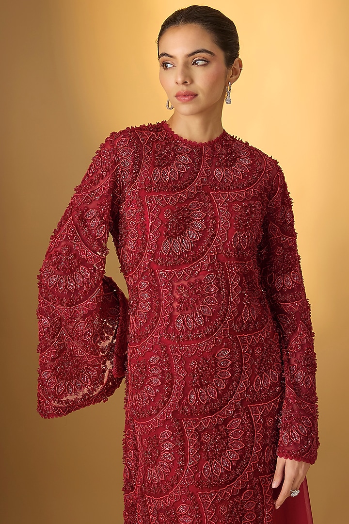 Red Organza Asymmetric Kurta Set by Ridhima Bhasin at Pernia's Pop Up Shop